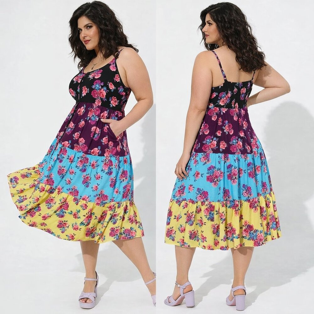 Torrid Betsey Johnson Floral Tiered Midi Dress 5X Pockets Whimsigoth Punk Rock - Picture 2 of 5